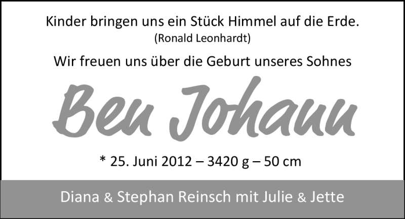 Anzeige für Ben Reinsch vom 07.07.2012 aus Nordwest-Zeitung