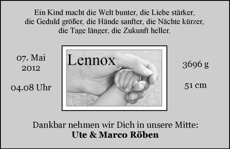 Anzeige für Lennox Röben vom 14.07.2012 aus Nordwest-Zeitung