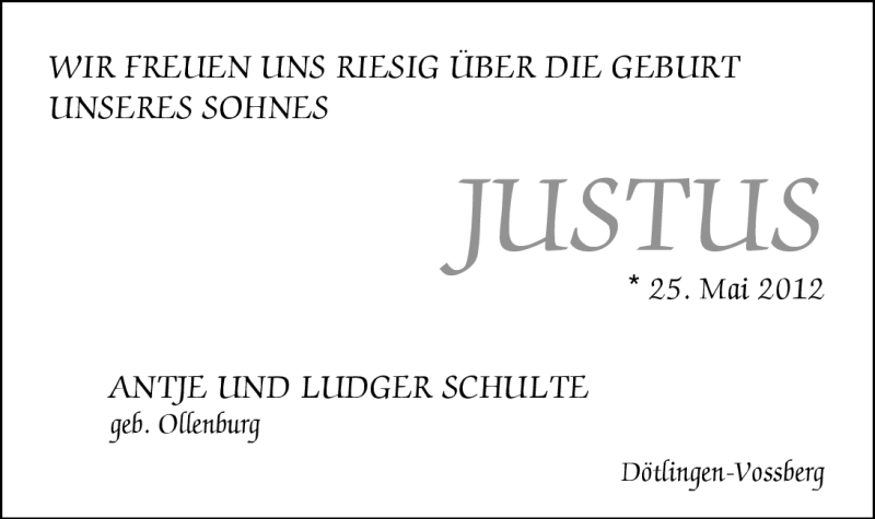 Anzeige für Justus Schulte vom 14.07.2012 aus Nordwest-Zeitung