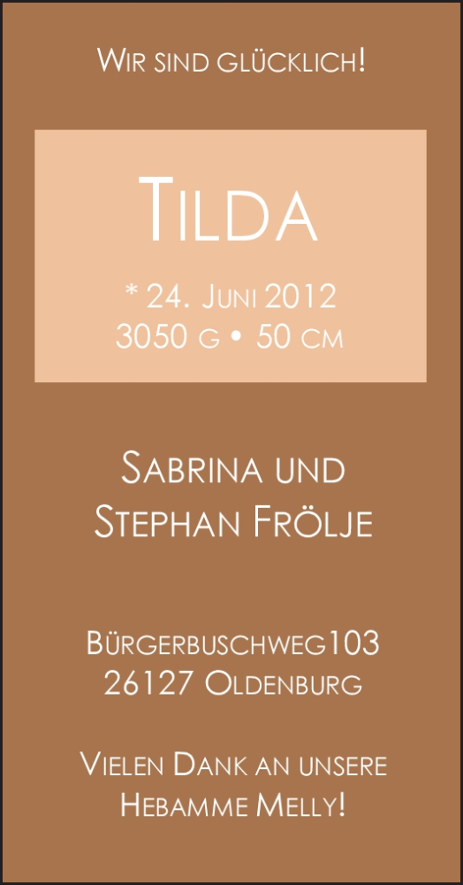 Anzeige für Tilda  vom 14.07.2012 aus Nordwest-Zeitung