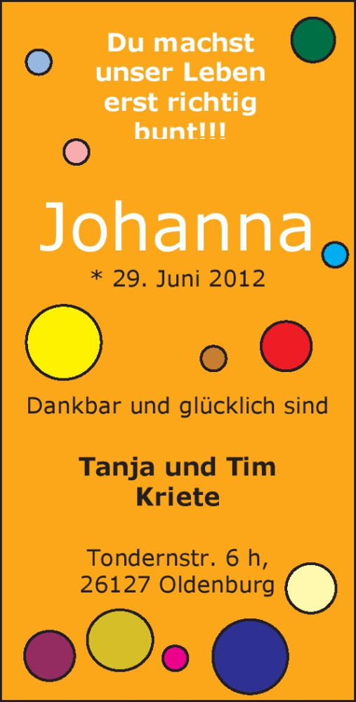 Anzeige für Johanna Kriete vom 14.07.2012 aus Nordwest-Zeitung