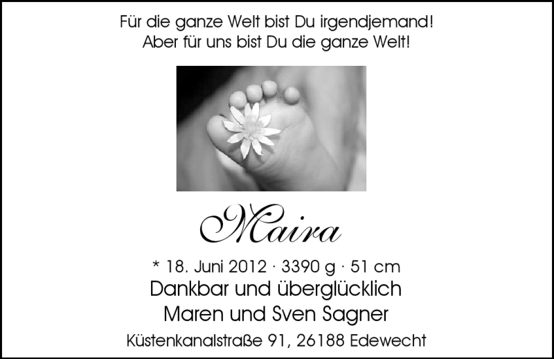 Anzeige für Maira Sagner vom 14.07.2012 aus Nordwest-Zeitung