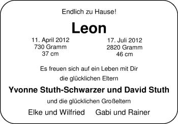 Babyanzeige von Leon  von Nordwest-Zeitung