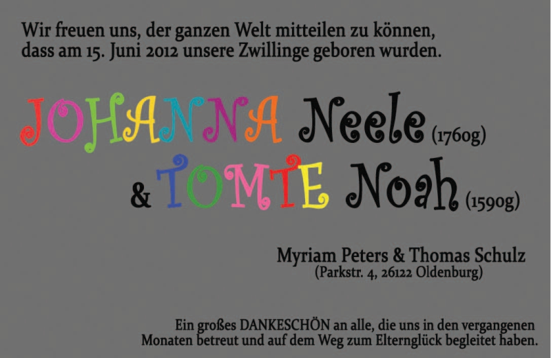 Anzeige für Johanna Neele und Tomte Noah  vom 21.07.2012 aus Nordwest-Zeitung