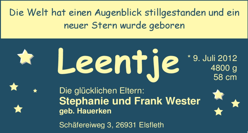 Anzeige für Leentje Wester vom 21.07.2012 aus Nordwest-Zeitung