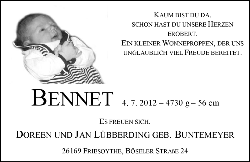 Anzeige für Bennet  vom 21.07.2012 aus Nordwest-Zeitung