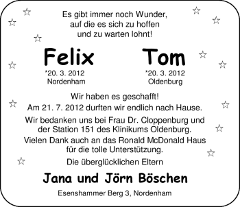 Babyanzeige von Tom und Felix Böschen von Nordwest-Zeitung
