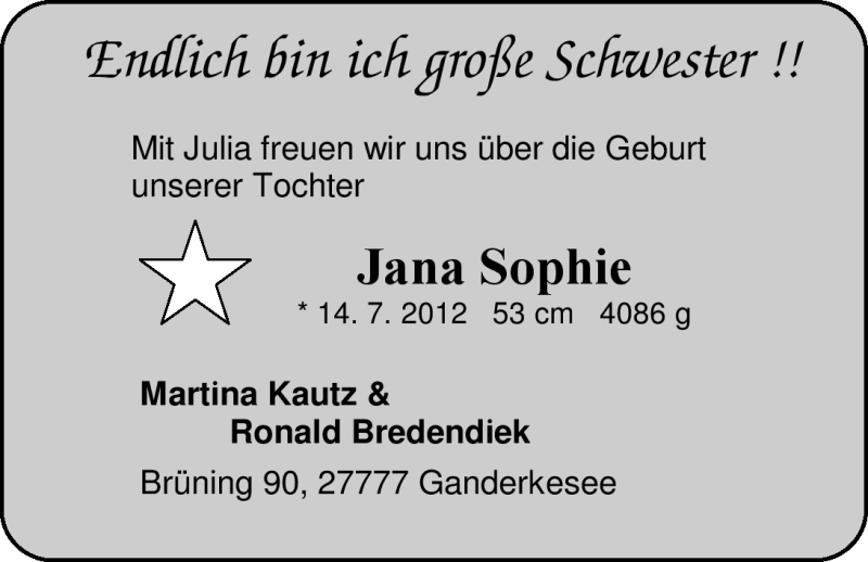 Anzeige für Jana Sophie  vom 03.08.2012 aus Nordwest-Zeitung
