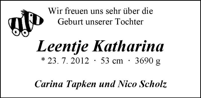 Anzeige für Leentje Katharina Scholz vom 11.08.2012 aus Nordwest-Zeitung