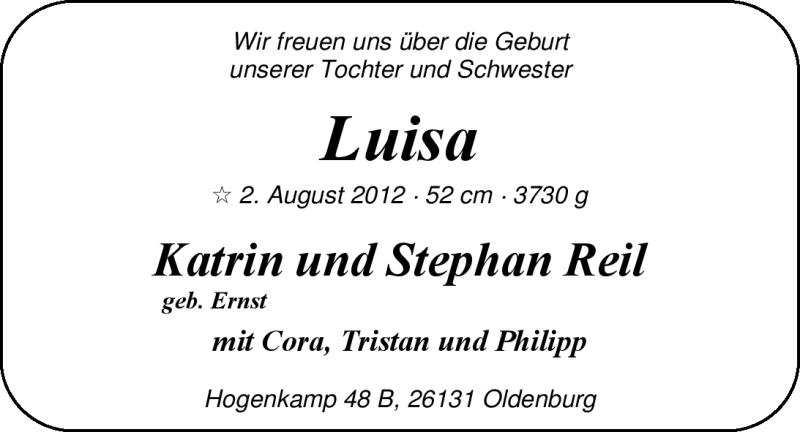 Anzeige für Luisa Reil vom 11.08.2012 aus Nordwest-Zeitung