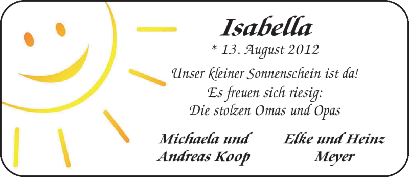 Anzeige für Isabella  vom 18.08.2012 aus Nordwest-Zeitung