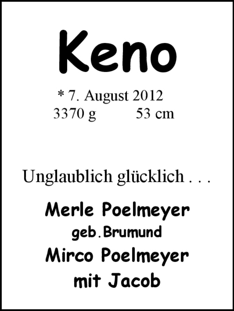 Anzeige für Keno Poelmeyer vom 25.08.2012 aus Nordwest-Zeitung
