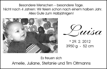 Babyanzeige von Luisa Oltmanns von Nordwest-Zeitung