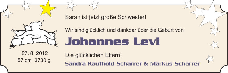 Anzeige für Johannes Levi Scharrer vom 01.09.2012 aus Nordwest-Zeitung