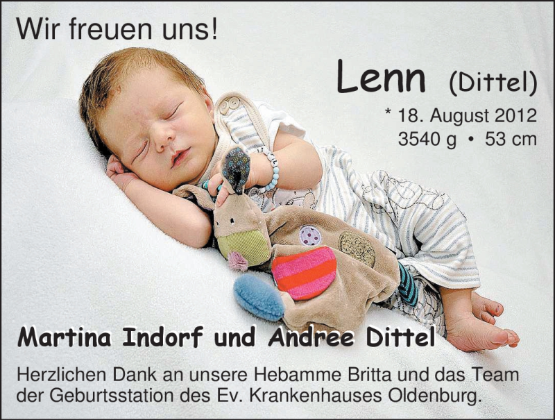 Anzeige für Lenn Dittel vom 08.09.2012 aus Nordwest-Zeitung