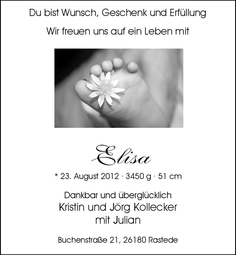 Anzeige für Elisa Kollecker vom 08.09.2012 aus Nordwest-Zeitung