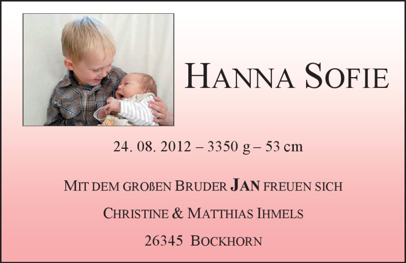 Anzeige für Hanna Sofie Ihmels vom 08.09.2012 aus Nordwest-Zeitung