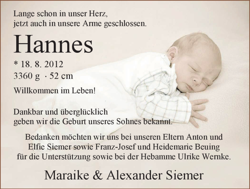 Anzeige für Hannes Siemer vom 08.09.2012 aus Nordwest-Zeitung