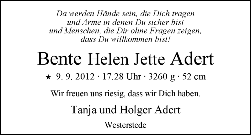 Anzeige für Bente Helen Jette Adert vom 22.09.2012 aus Nordwest-Zeitung