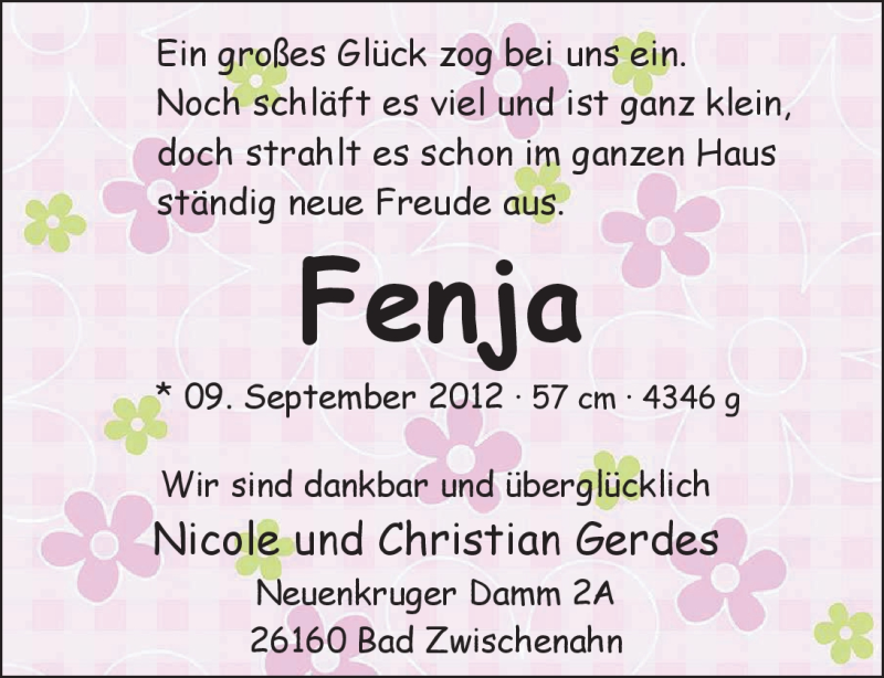 Anzeige für Fenja Gerdes vom 22.09.2012 aus Nordwest-Zeitung