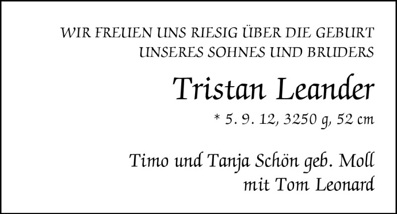 Anzeige für Tristan Leander Schön vom 22.09.2012 aus Nordwest-Zeitung