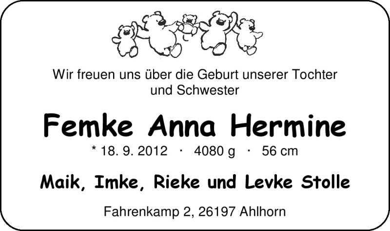 Anzeige für Femke Anna Hermine Stolle vom 29.09.2012 aus Nordwest-Zeitung