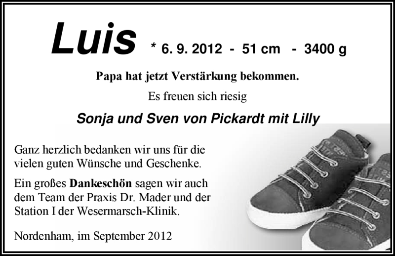 Anzeige für Luis von Pickardt vom 29.09.2012 aus Nordwest-Zeitung