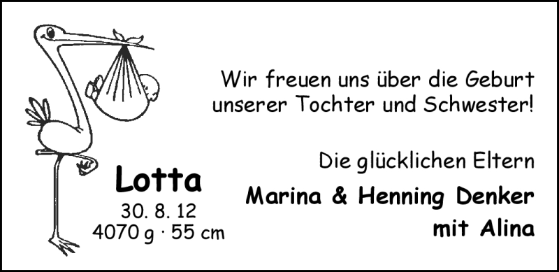 Anzeige für Lotta Denker vom 29.09.2012 aus Nordwest-Zeitung