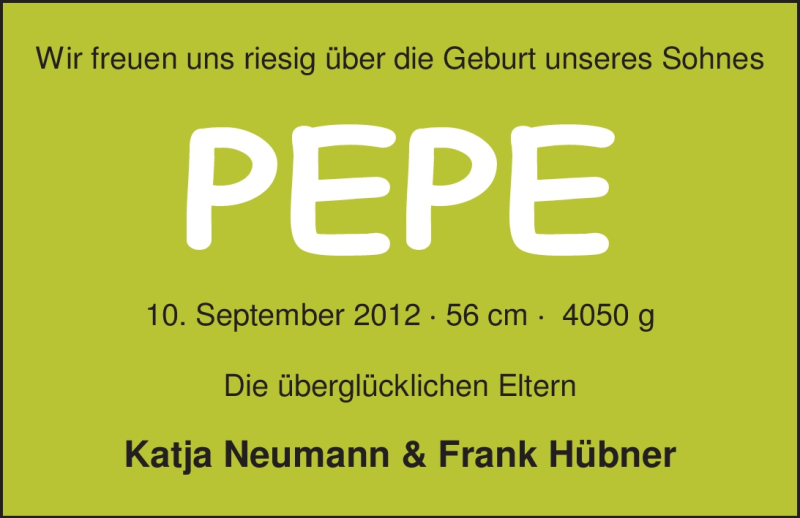 Anzeige für Pepe  vom 29.09.2012 aus Nordwest-Zeitung