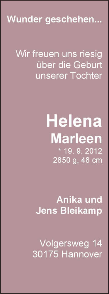 Anzeige für Helena Marleen Bleikamp vom 29.09.2012 aus Nordwest-Zeitung