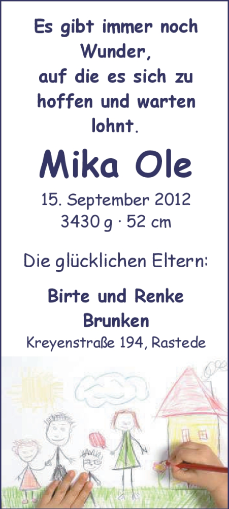 Anzeige für Mika Ole Brunken vom 06.10.2012 aus Nordwest-Zeitung