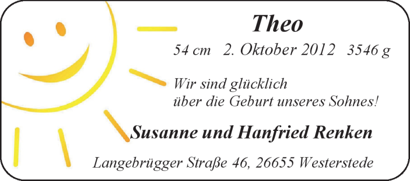 Anzeige für Theo Renken vom 13.10.2012 aus Nordwest-Zeitung