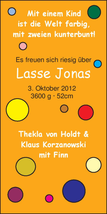 Babyanzeige von Lasse Jonas von Holdt von Nordwest-Zeitung