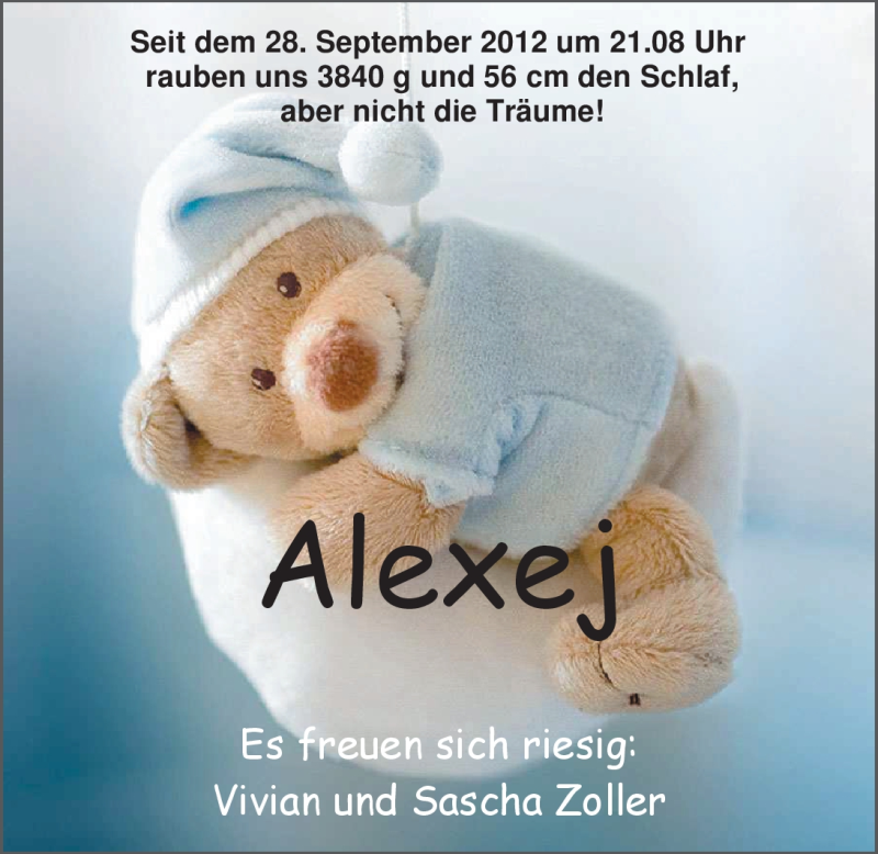 Anzeige für Alexej Zoller vom 13.10.2012 aus Nordwest-Zeitung
