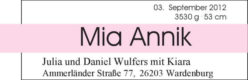 Anzeige für Mia Annik Wulfers vom 16.10.2012 aus Nordwest-Zeitung