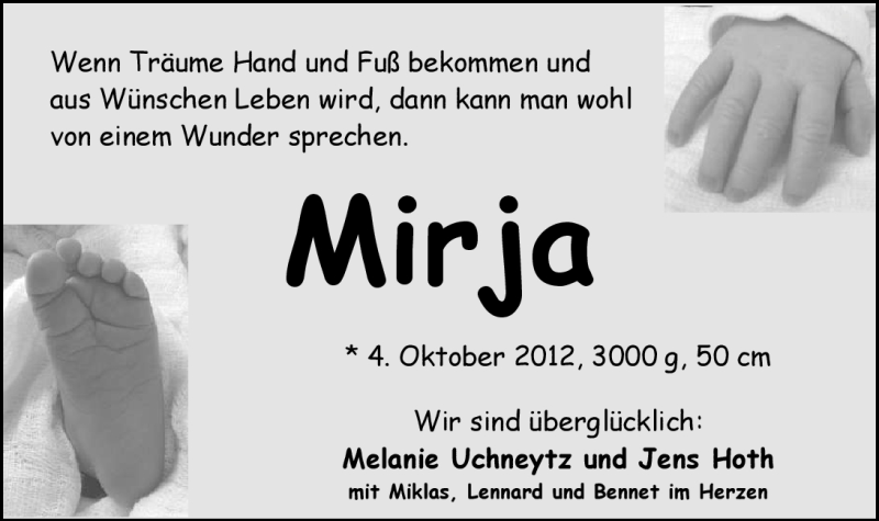 Anzeige für Mirja  vom 20.10.2012 aus Nordwest-Zeitung