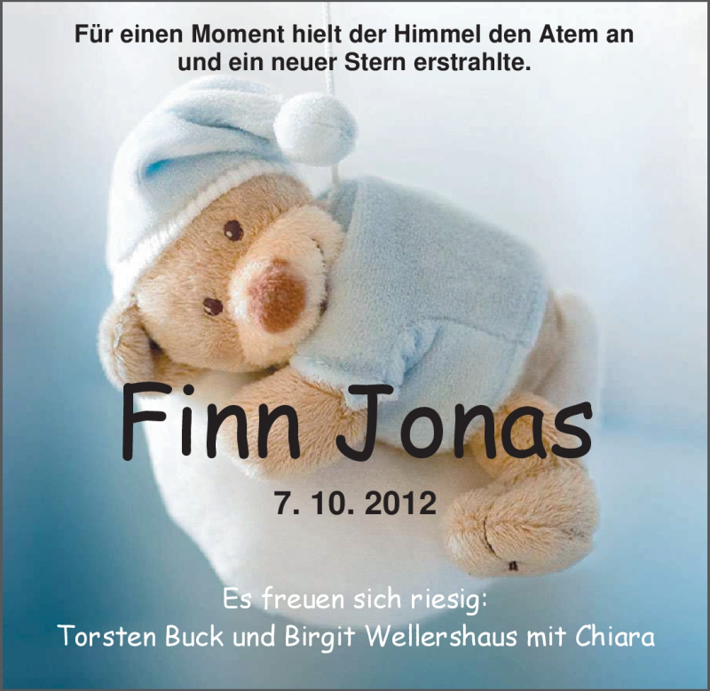 Anzeige für Finn Jonas  vom 20.10.2012 aus Nordwest-Zeitung