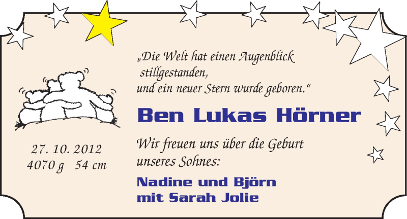 Anzeige für Ben Lukas  vom 10.11.2012 aus Nordwest-Zeitung