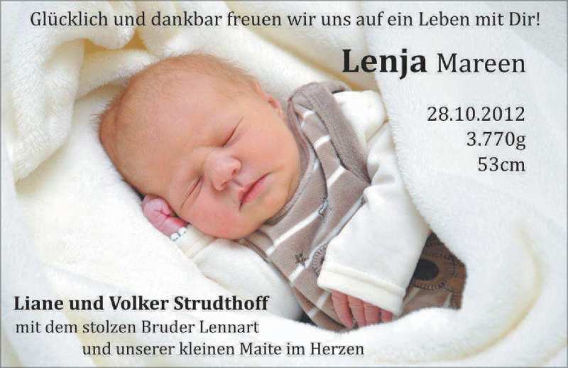 Anzeige für Lenja Mareen Strudthoff vom 17.11.2012 aus Nordwest-Zeitung