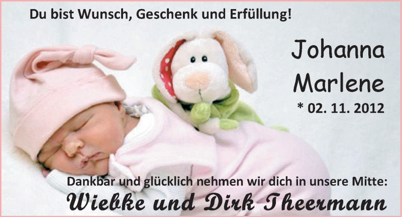 Anzeige für Johanna Marlene Theermann vom 17.11.2012 aus Nordwest-Zeitung