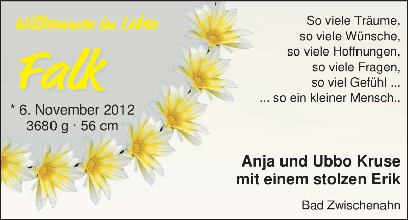 Anzeige für Falk Kruse vom 17.11.2012 aus Nordwest-Zeitung