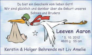 Babyanzeige von Leeven Aaron  von Nordwest-Zeitung