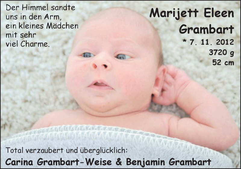 Anzeige für Marijett Eleen Grambart vom 24.11.2012 aus Nordwest-Zeitung