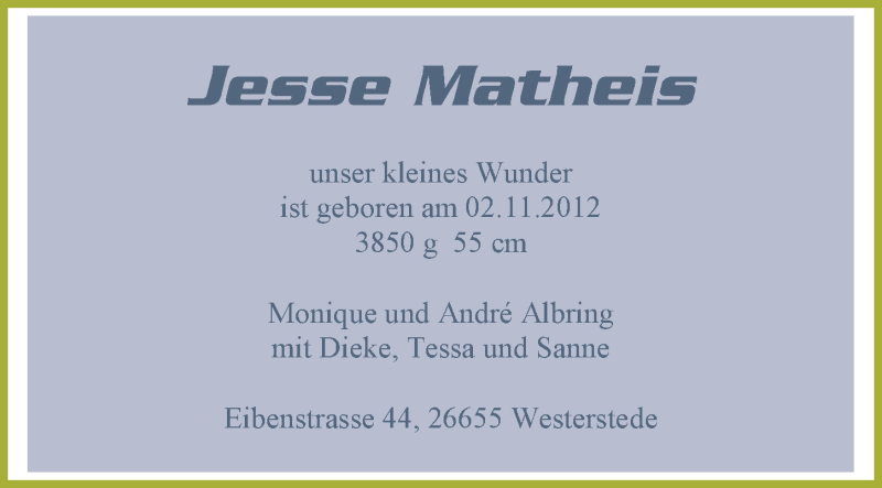 Anzeige für Jesse Matheis Albring vom 01.12.2012 aus Nordwest-Zeitung