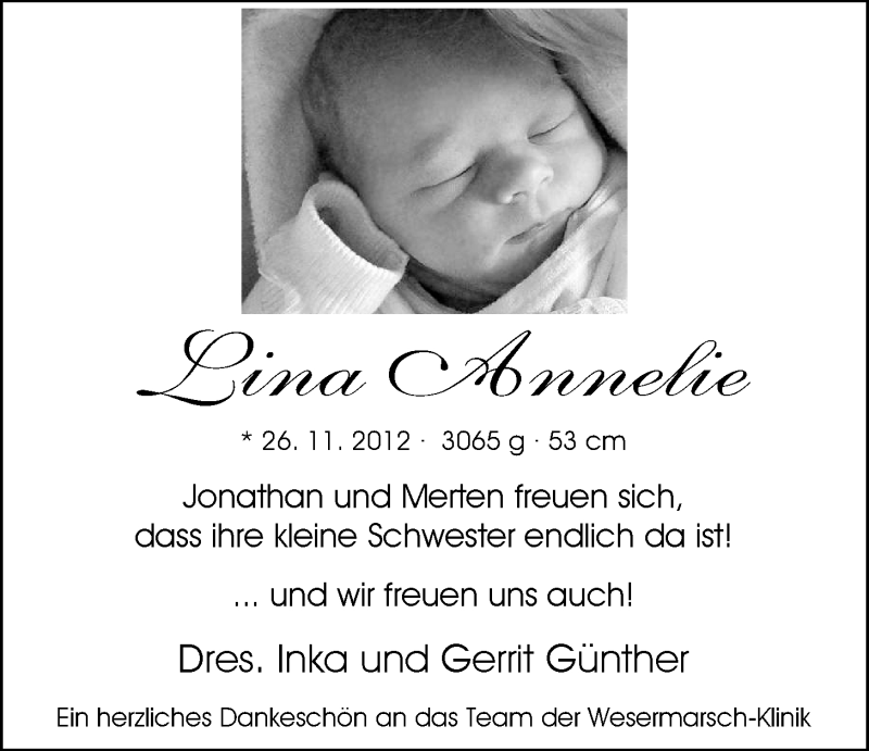 Anzeige für Lina Annelie Günther vom 29.11.2012 aus Nordwest-Zeitung