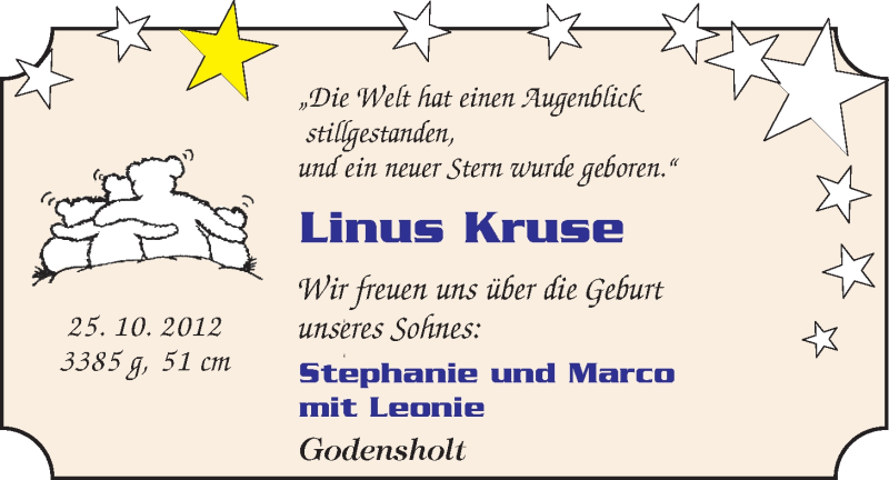 Anzeige für Linus Kruse vom 05.12.2012 aus Nordwest-Zeitung
