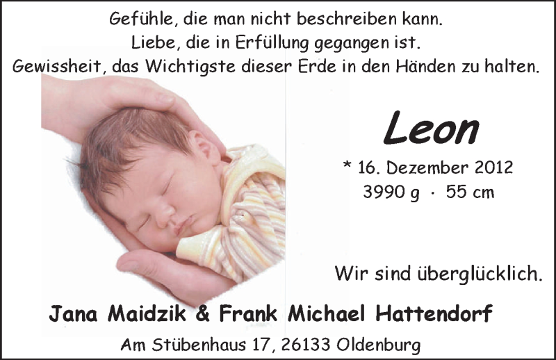 Anzeige für Leon Maidzik vom 29.12.2012 aus Nordwest-Zeitung