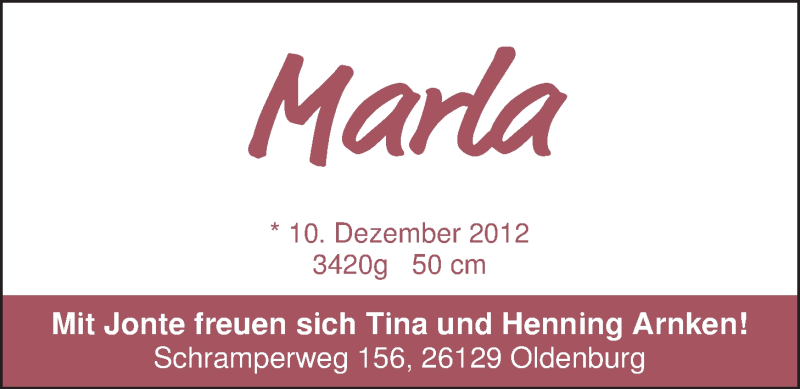 Anzeige für Marla Arnken vom 24.12.2012 aus Nordwest-Zeitung