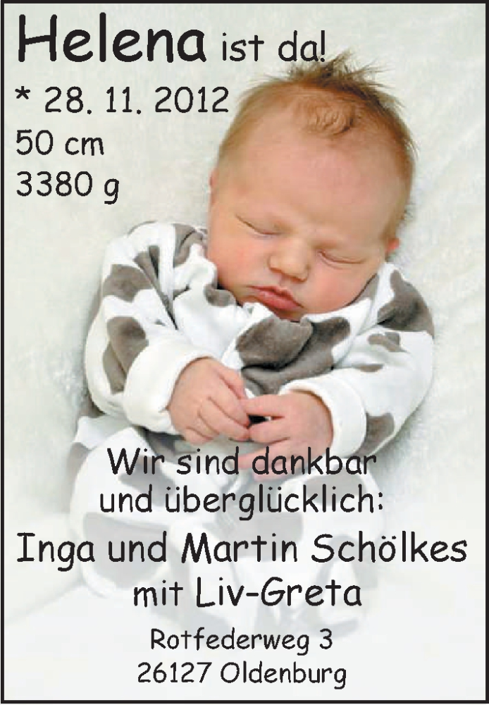 Anzeige für Helena Schölkes vom 22.12.2012 aus Nordwest-Zeitung