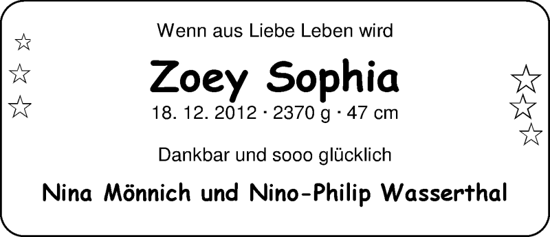 Anzeige für Zoey Sophia  vom 22.12.2012 aus Nordwest-Zeitung